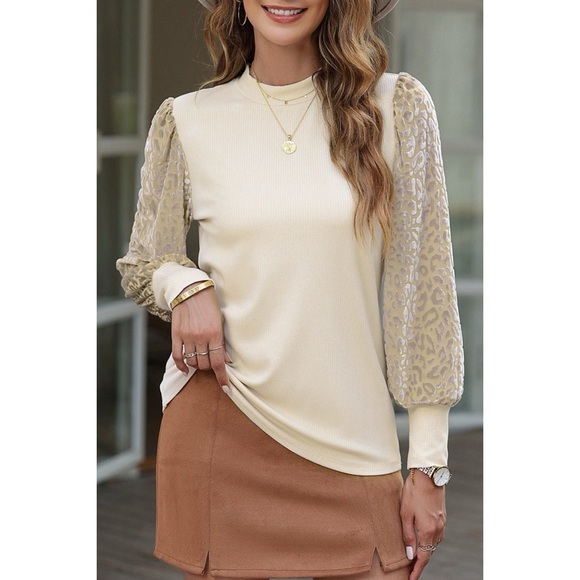 Tops - Cream Leopard Sleeve Blouse